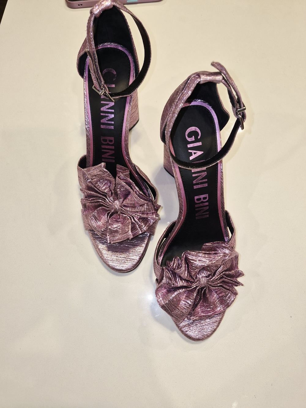 Gianni Bini Metallic Rose-Pink Ankle-Strap Heels with Floral Knot Size 10